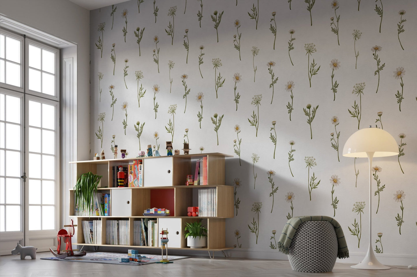 Cottage-style wildflower wallpaper mural
