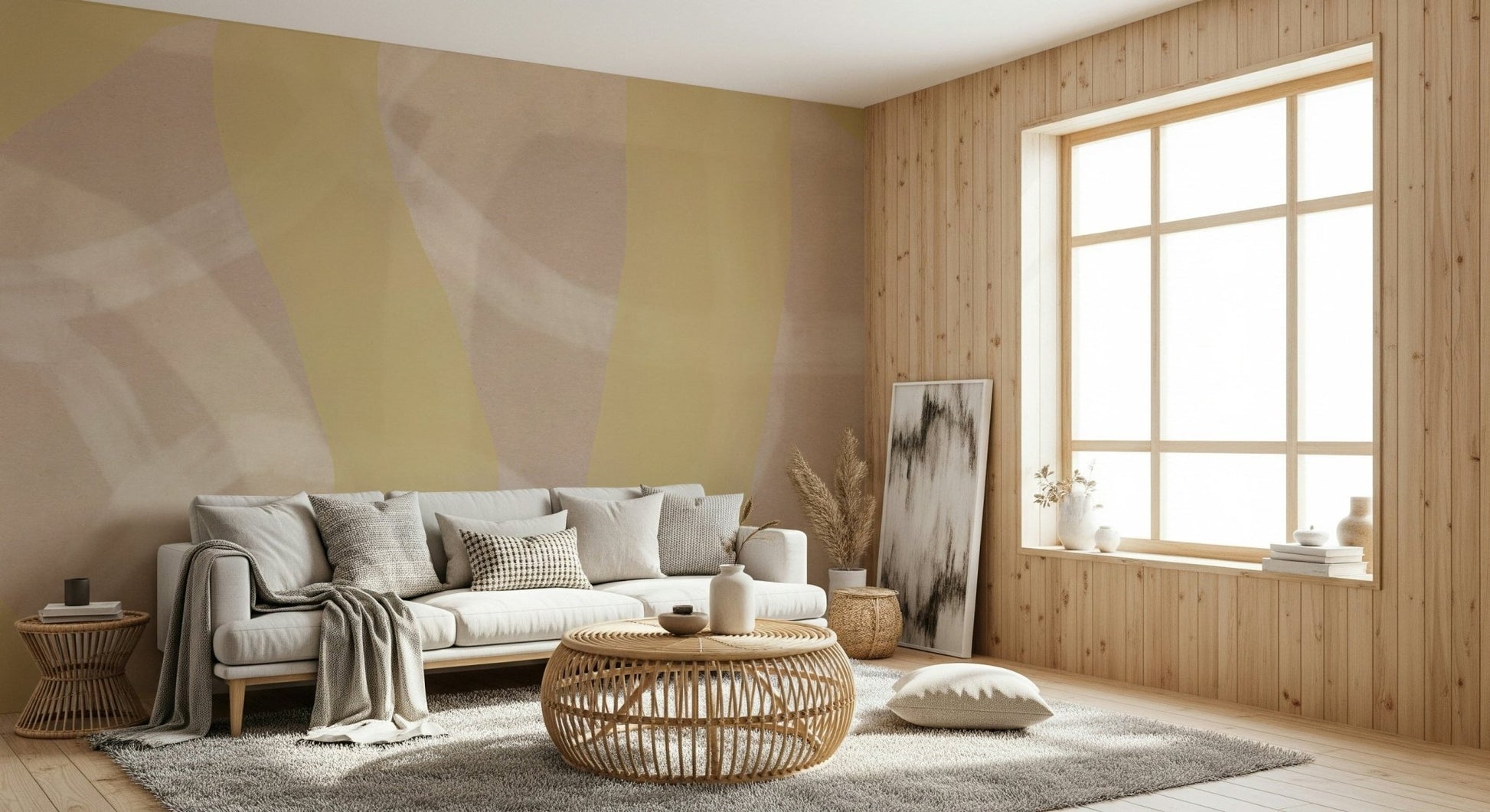 An artistic modern pattern mural on minimalist wallpaper.

