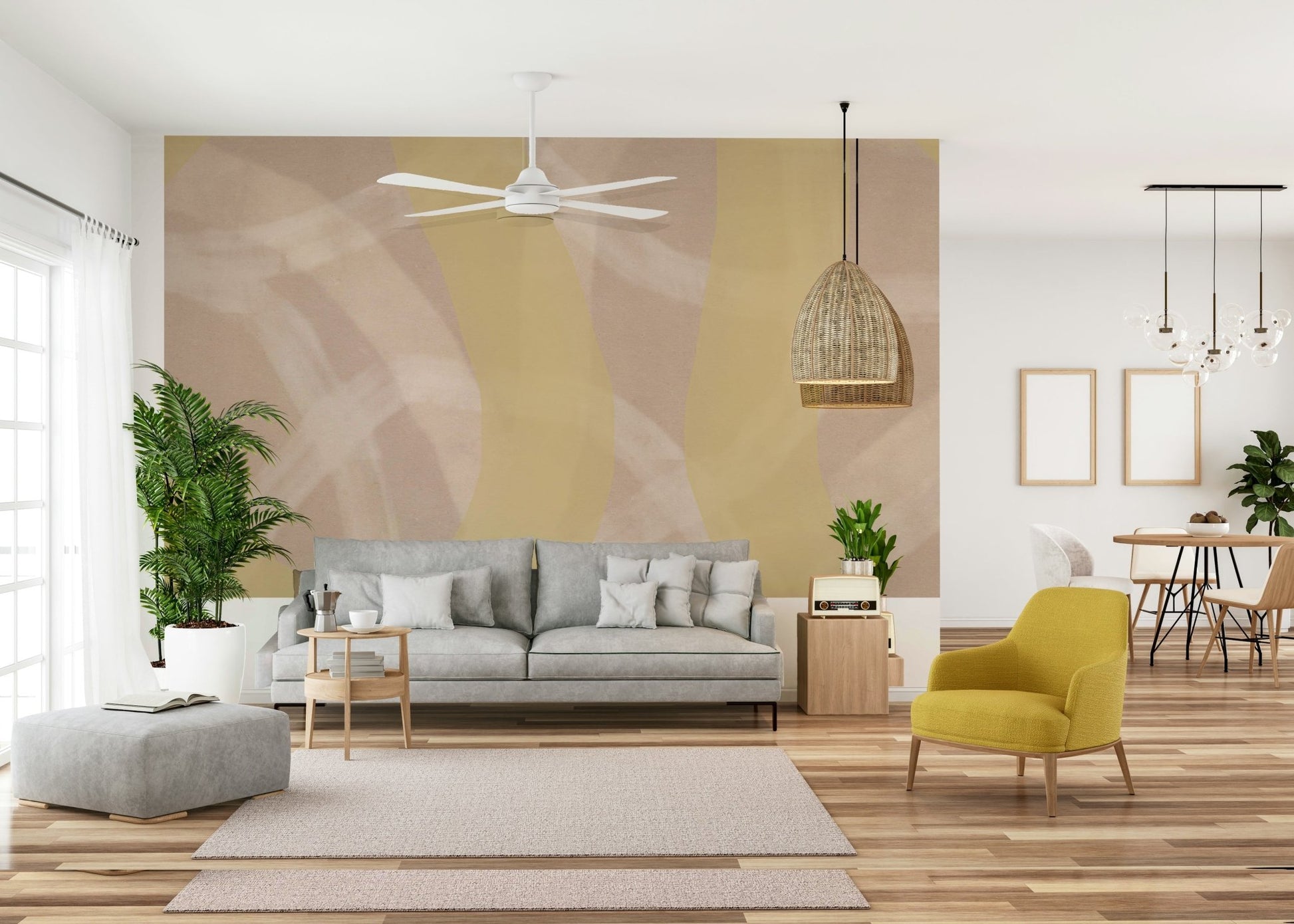 A beautiful soft yellow swirl wallpaper mural for a modern home.

