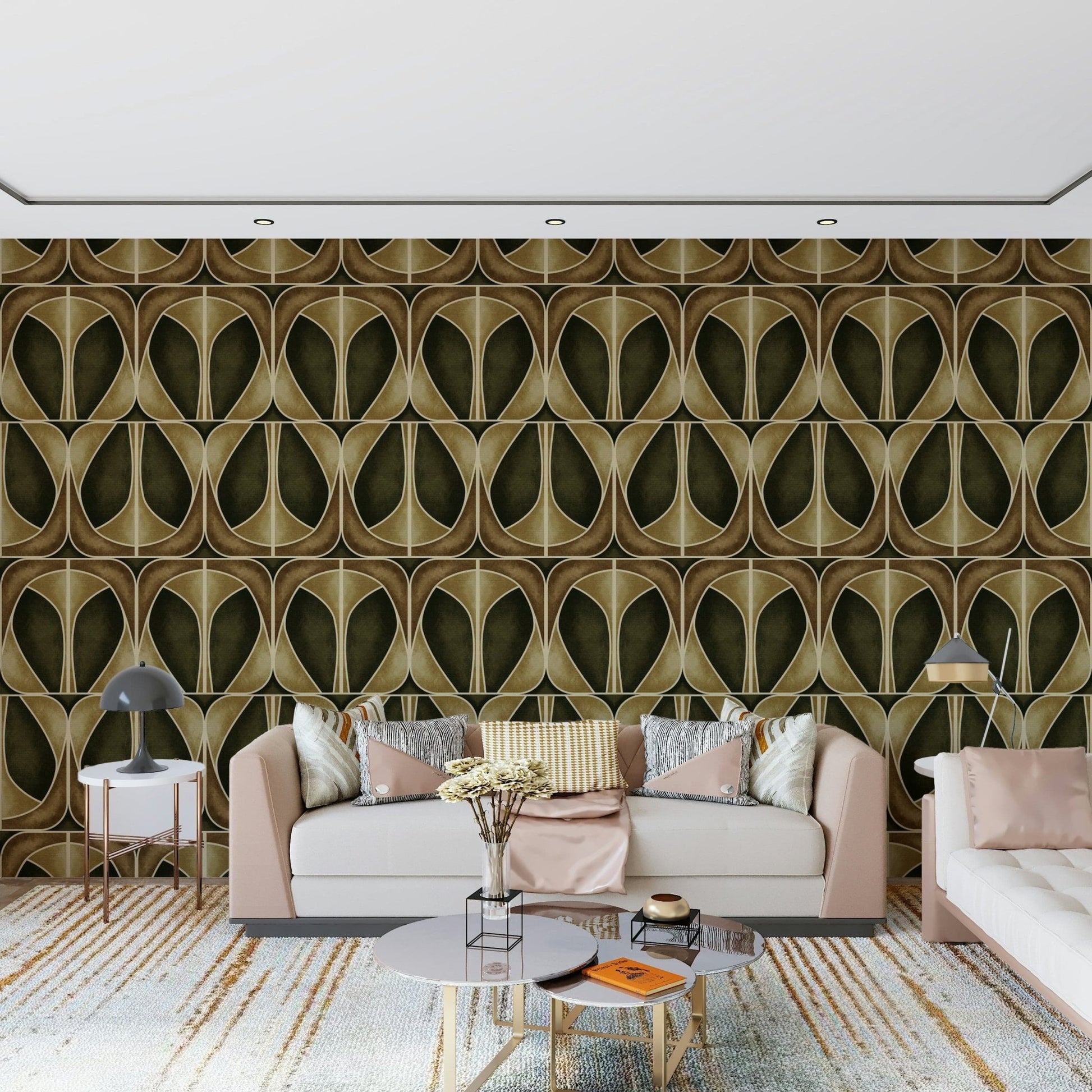 Softy Dèco Geometries wallpaper in gold, tan, and black
