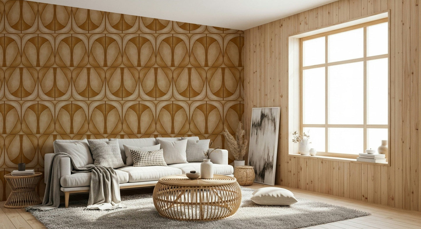 Artistic Softy Dèco Geometries Warm Caramel wall mural flowing symmetrical shapes.