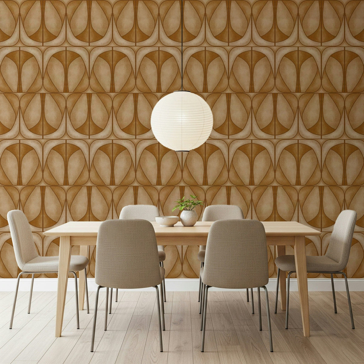 Dynamic Softy Dèco Geometries Warm Caramel mural wallpaper curved linear design., GD7488