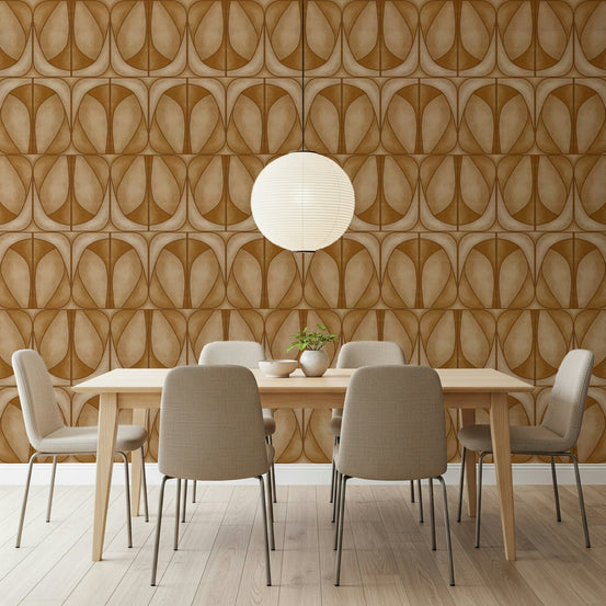 Dynamic Softy Dèco Geometries Warm Caramel mural wallpaper curved linear design., GD7488