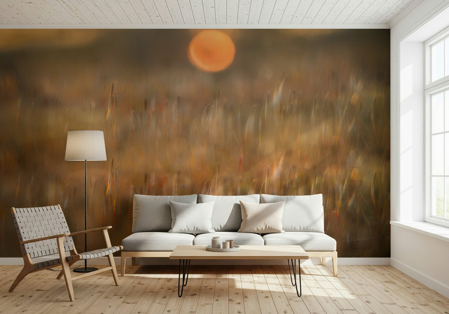 A peaceful flower design mural on decorative wallpaper.