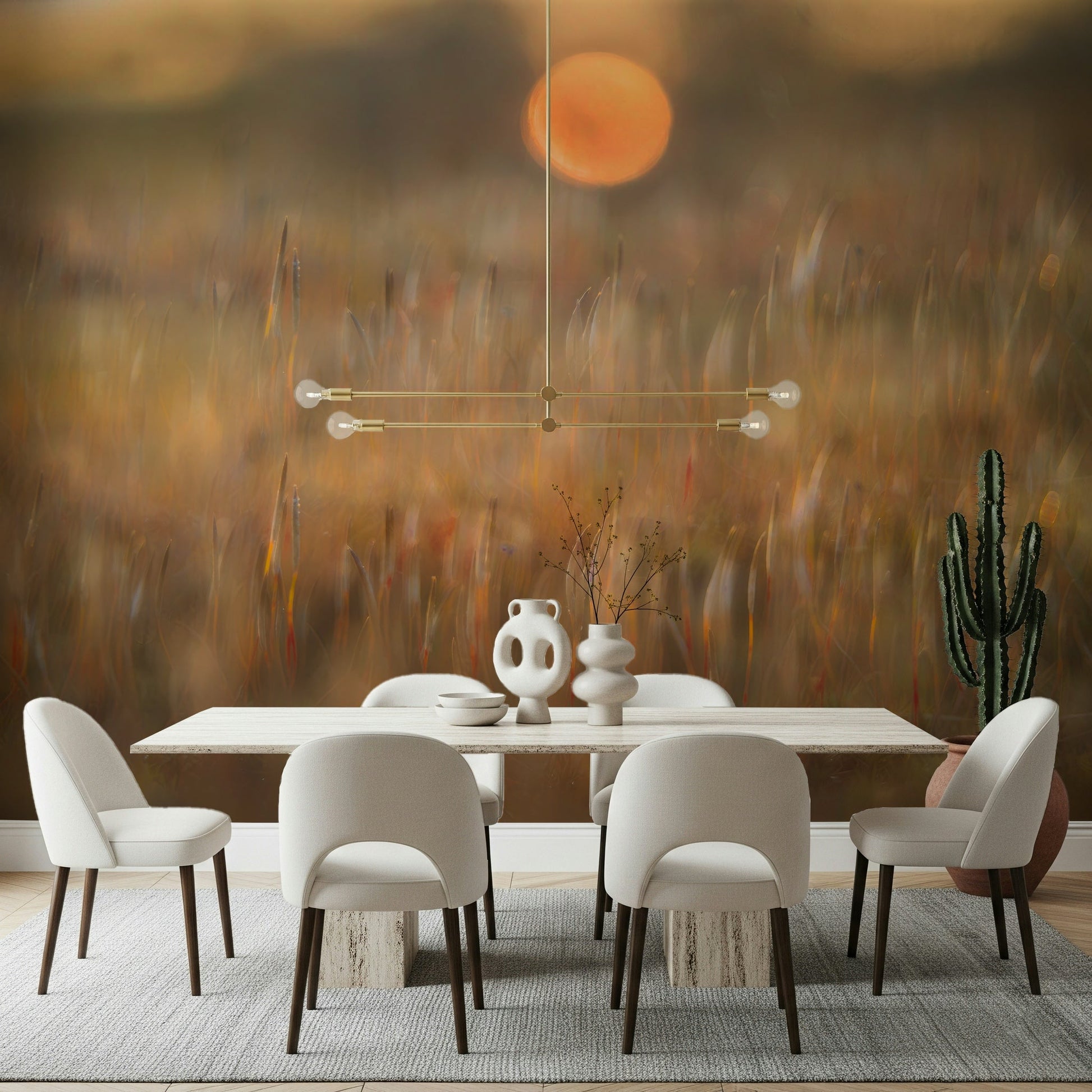 A serene subtle flower wall mural in warm, dreamy tones.