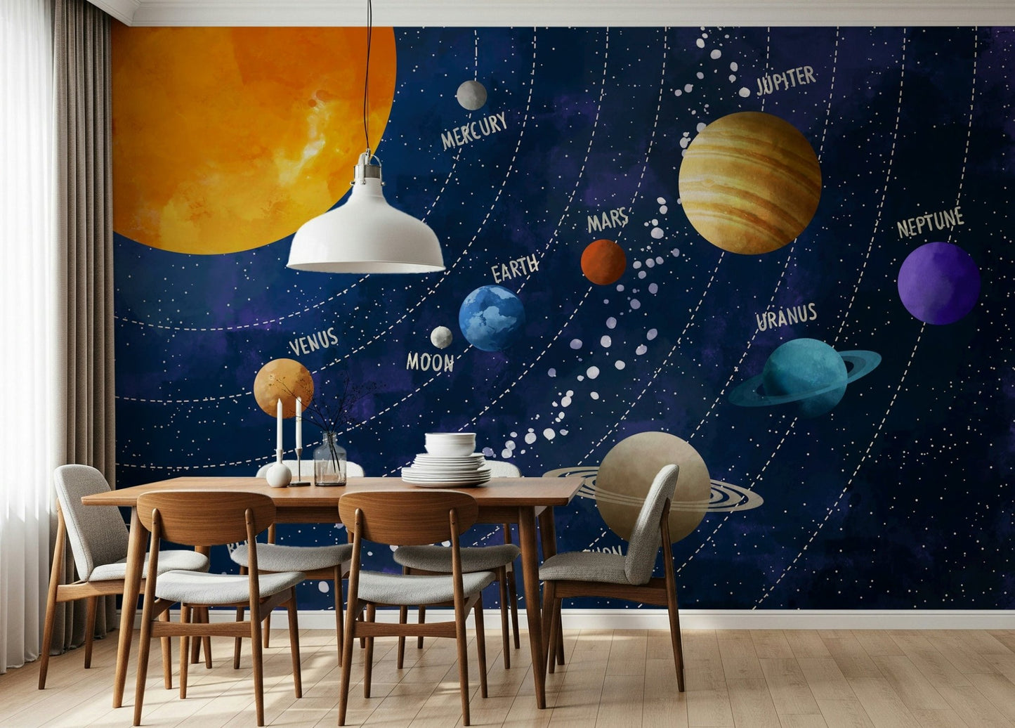 Dark blue galaxy wall mural with planets and stars., GD7816