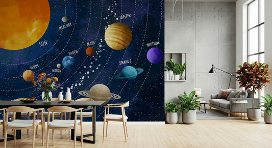 Solar System Adventure wall mural in a bright kids bedroom.