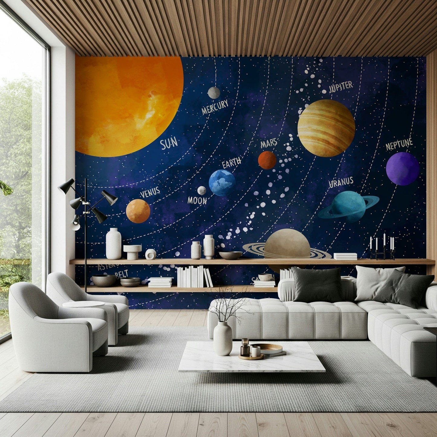 Solar System Adventure wallpaper behind a wooden desk., GD7816