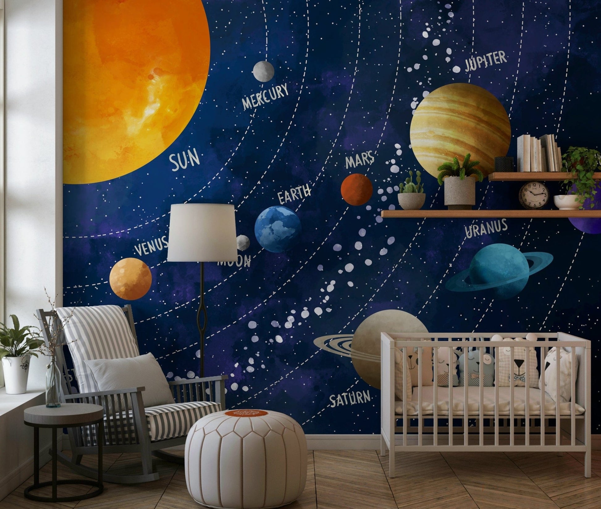 Colourful space themed wall mural featuring the sun and moon., GD7816