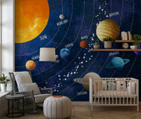 Colourful space themed wall mural featuring the sun and moon., GD7816