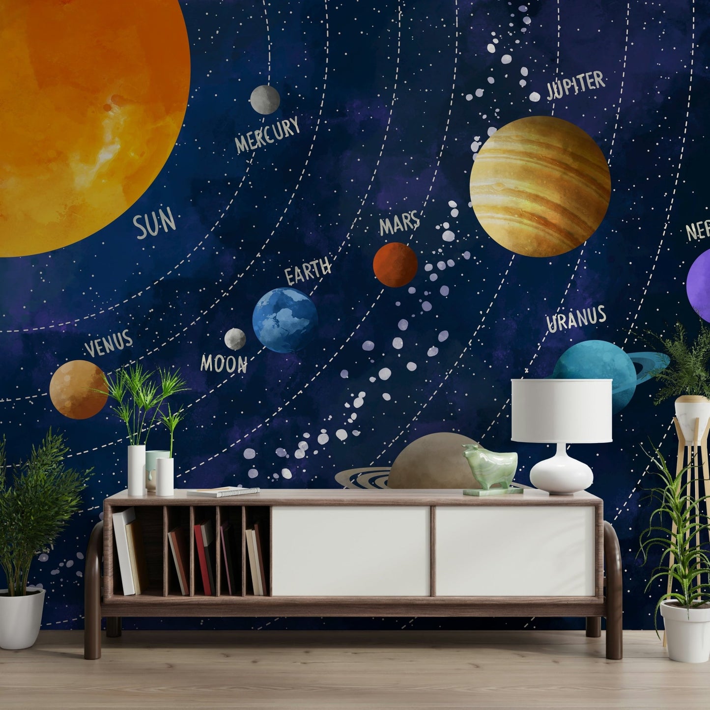 Minimalist nursery with Solar System Adventure wall mural., GD7816