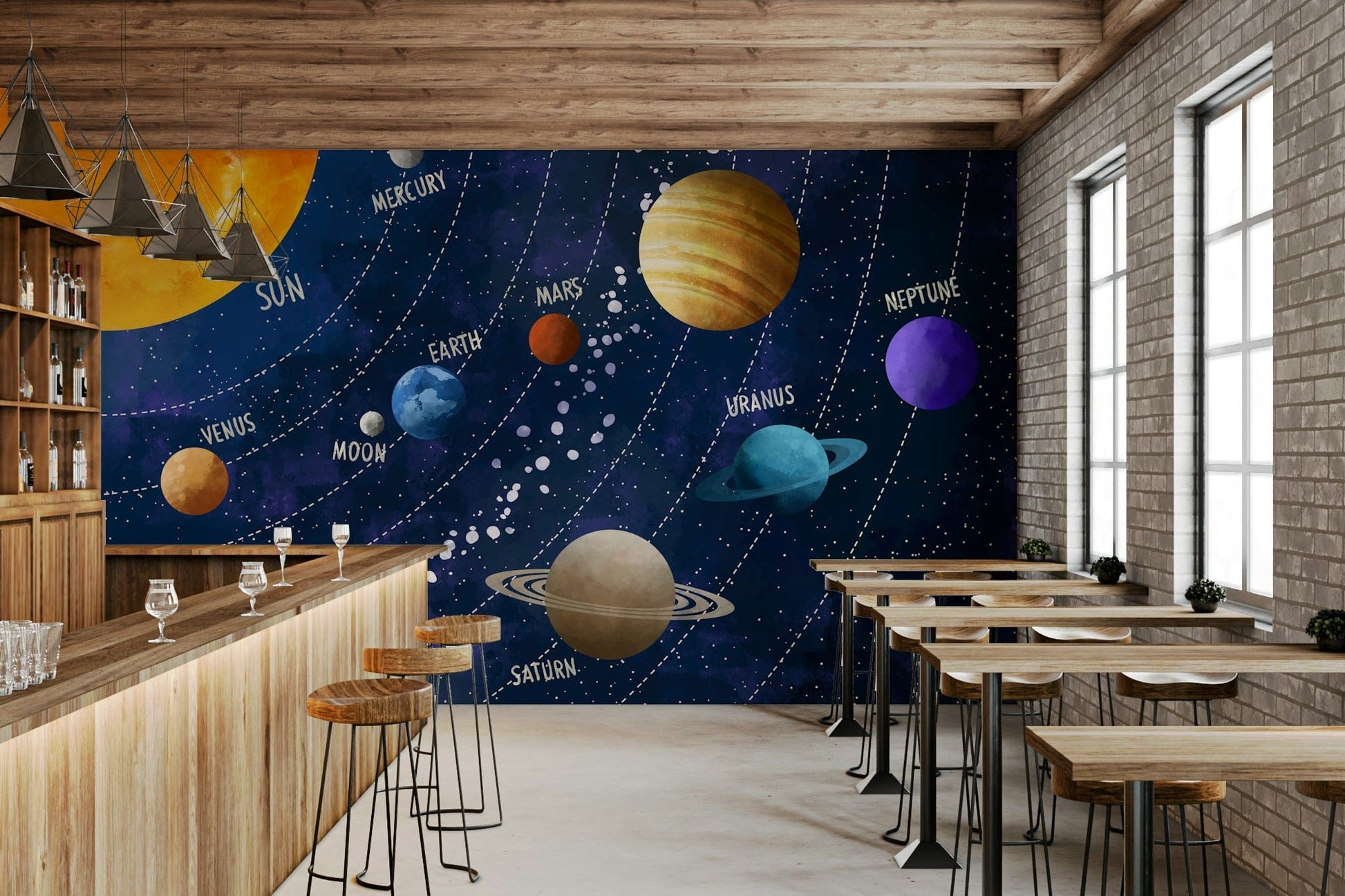 Planets and orbit patterns on a bedroom wallpaper., GD7816