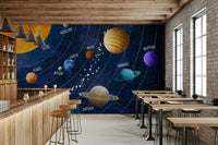 Planets and orbit patterns on a bedroom wallpaper., GD7816
