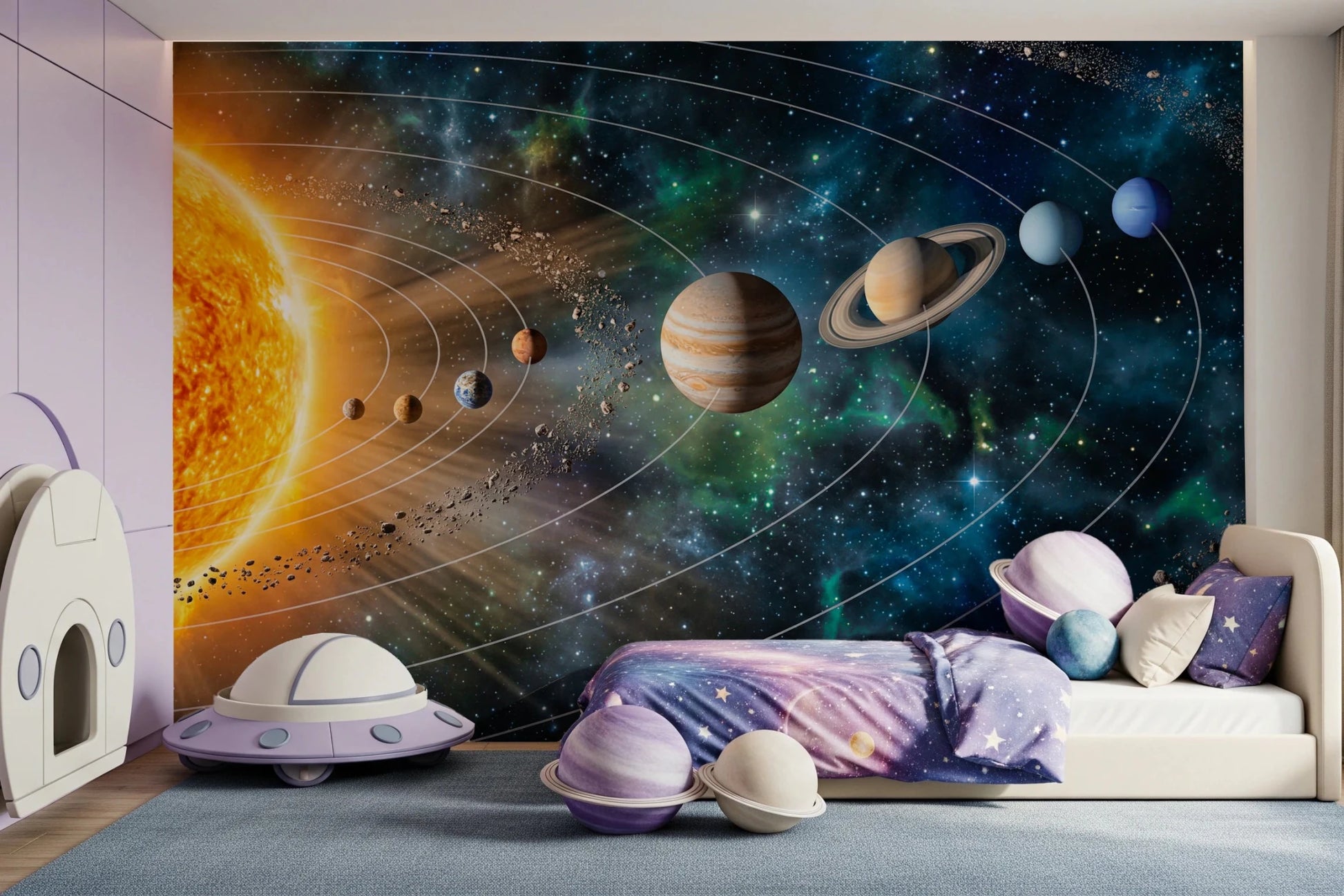 Playroom nook brightened by Solar System Symphony Wall Mural behind soft floor seating, GD8559
