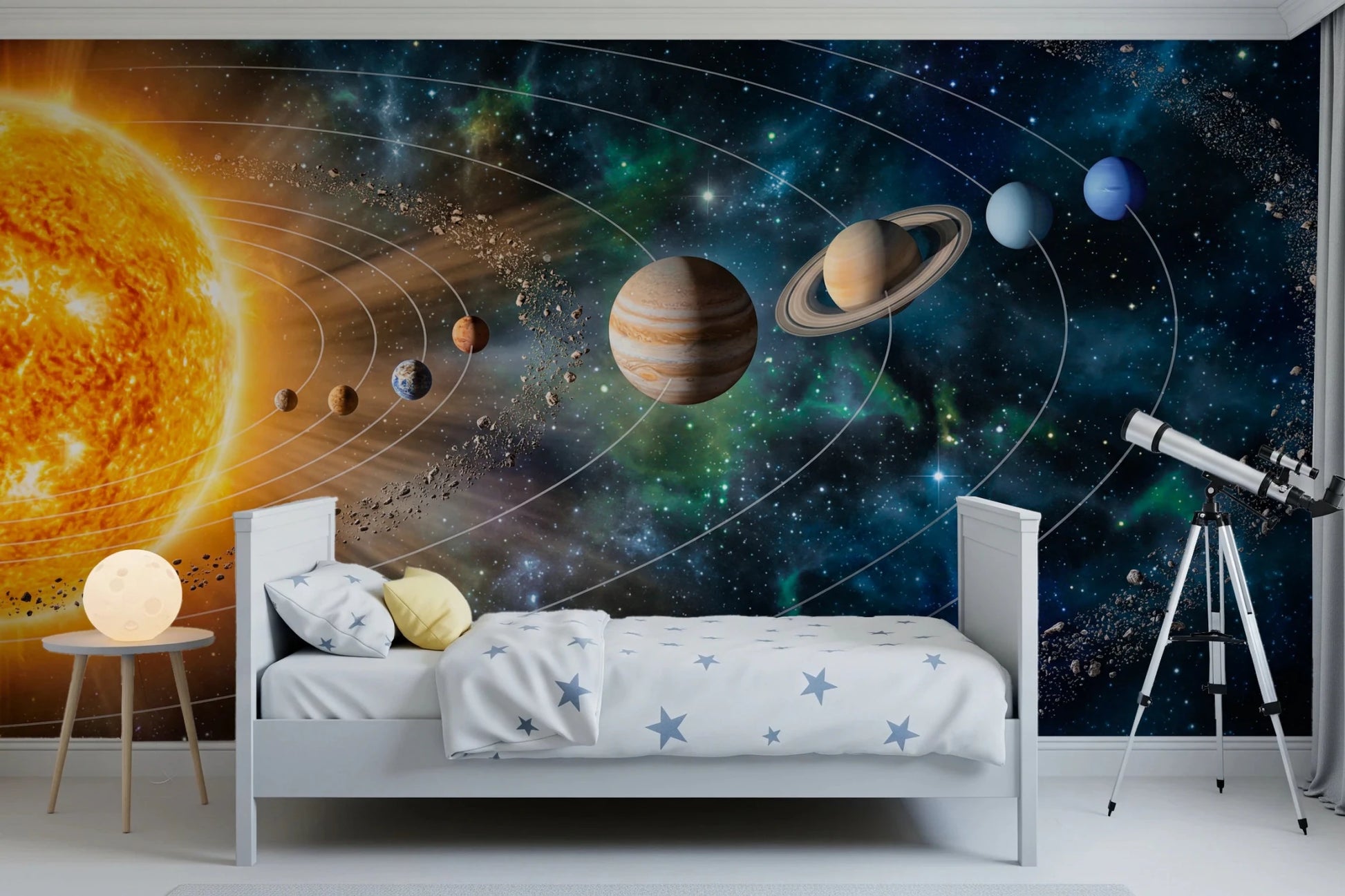 Bedroom setup brought to life by Solar System Symphony Wall Mural and telescope styling, GD8559