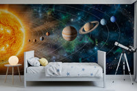 Bedroom setup brought to life by Solar System Symphony Wall Mural and telescope styling, GD8559