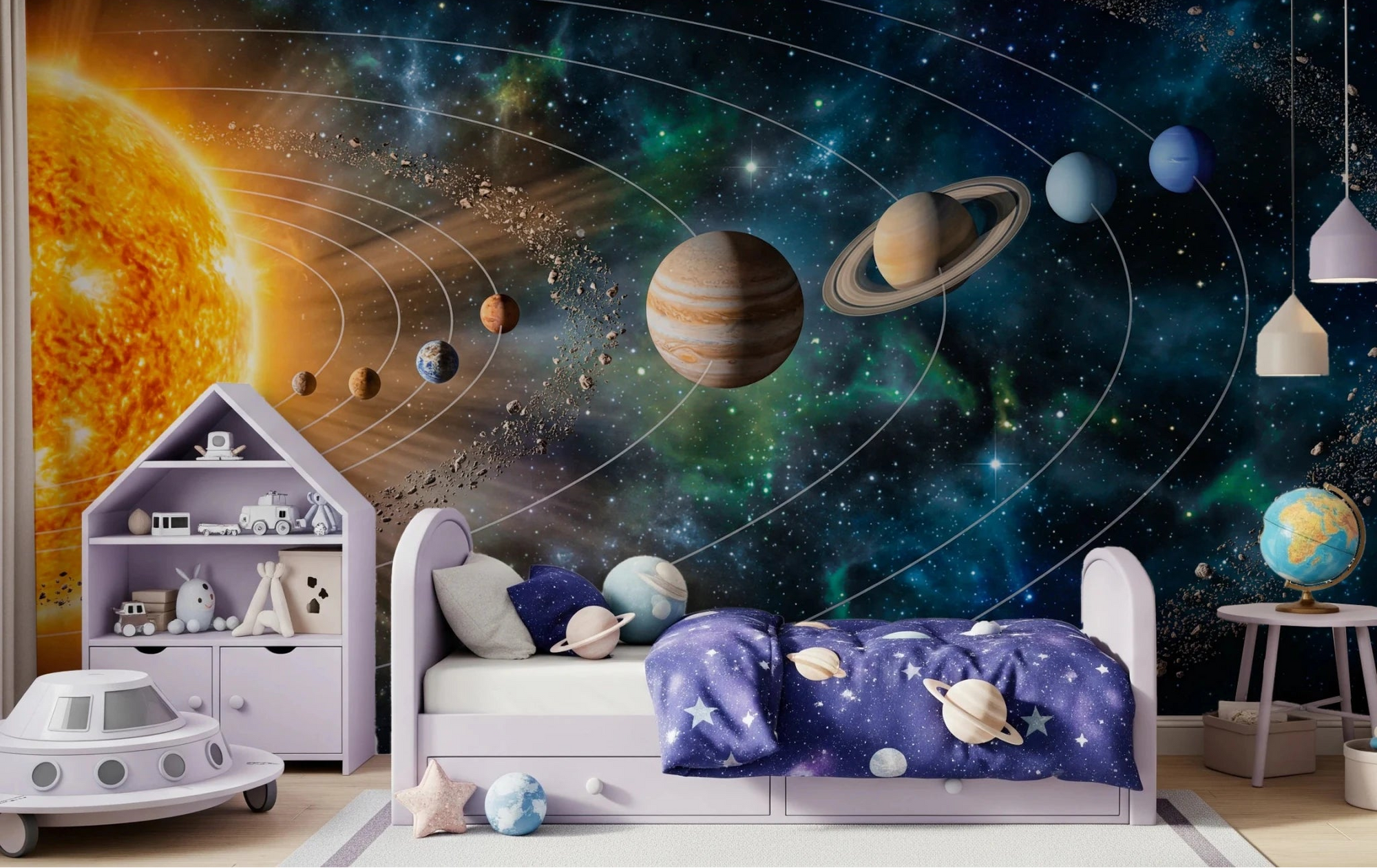 Kids bedroom styled with Solar System Symphony Wall Mural and a deep space theme, GD8559