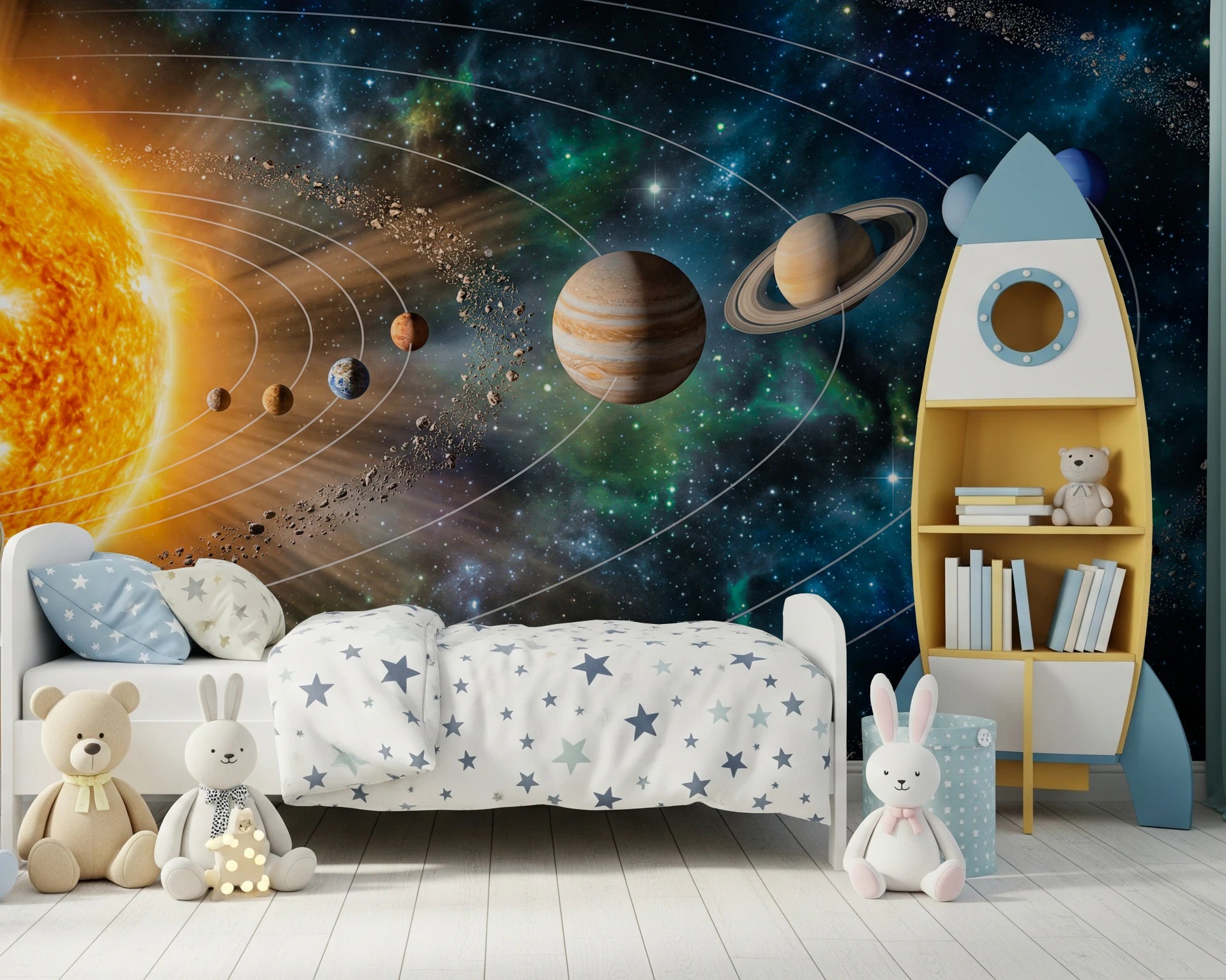Nursery space lifted by Solar System Symphony Wall Mural with a glowing sun scene, GD8559