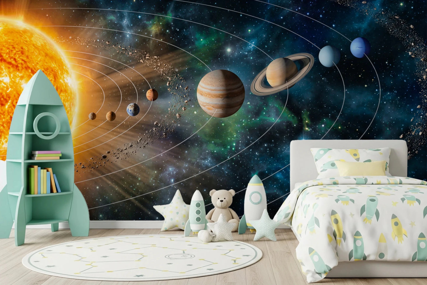 Toddler room paired with Solar System Symphony Wall Mural and planet-themed bedding, GD8559