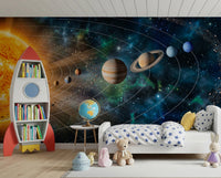 Space-themed kids room finished with Solar System Symphony Wall Mural and globe decor, GD8559