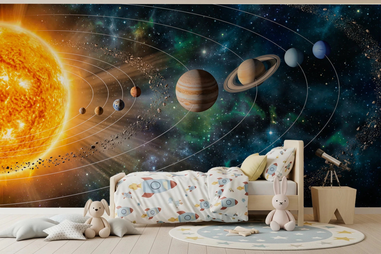Storytime corner framed by Solar System Symphony Wall Mural and a rocket shelf, GD8559