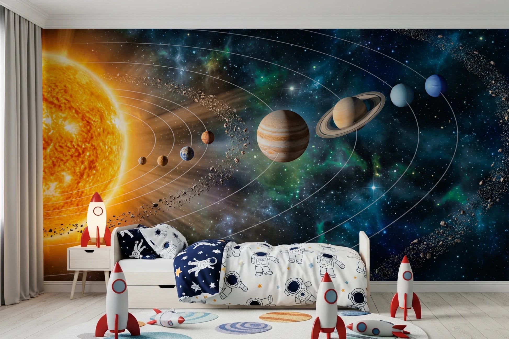 Sleep space softened by Solar System Symphony Wall Mural with planets, GD8559