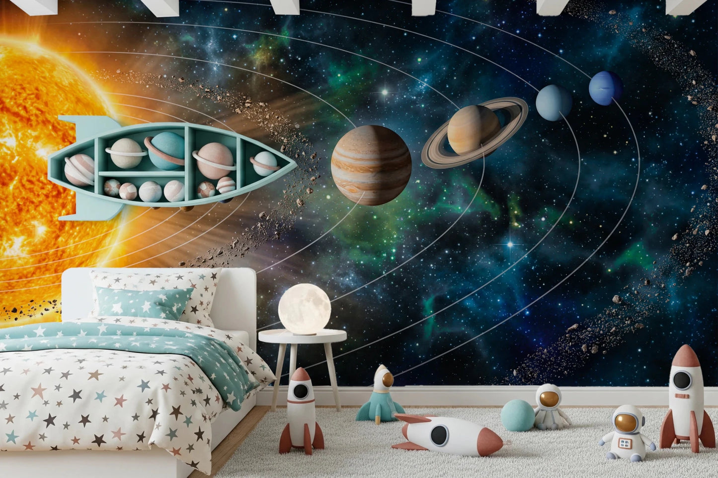 Shared bedroom featuring Solar System Symphony Wall Mural with planet orbit detail, GD8559