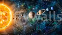 Space wall mural showing the solar system with glowing sun, rings, and star field, GD8559