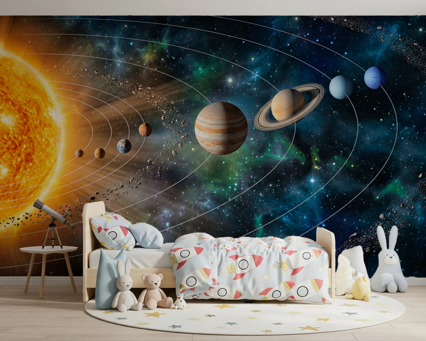 Kids room area updated with Solar System Symphony Wall Mural and cosmic toy accents, GD8559