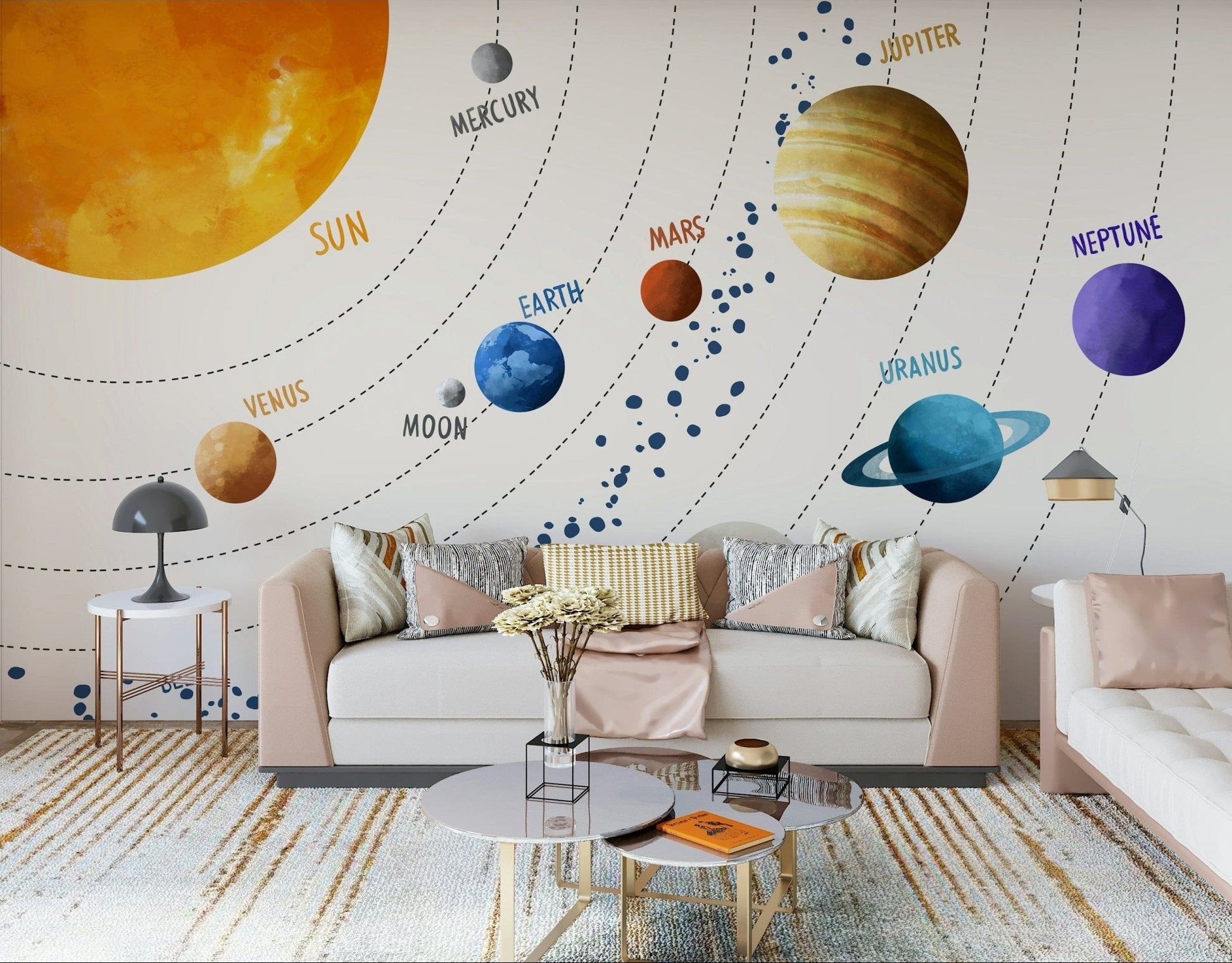 Solar System Art Wall Mural adds cheerful orbit lines to this bright lounge setting