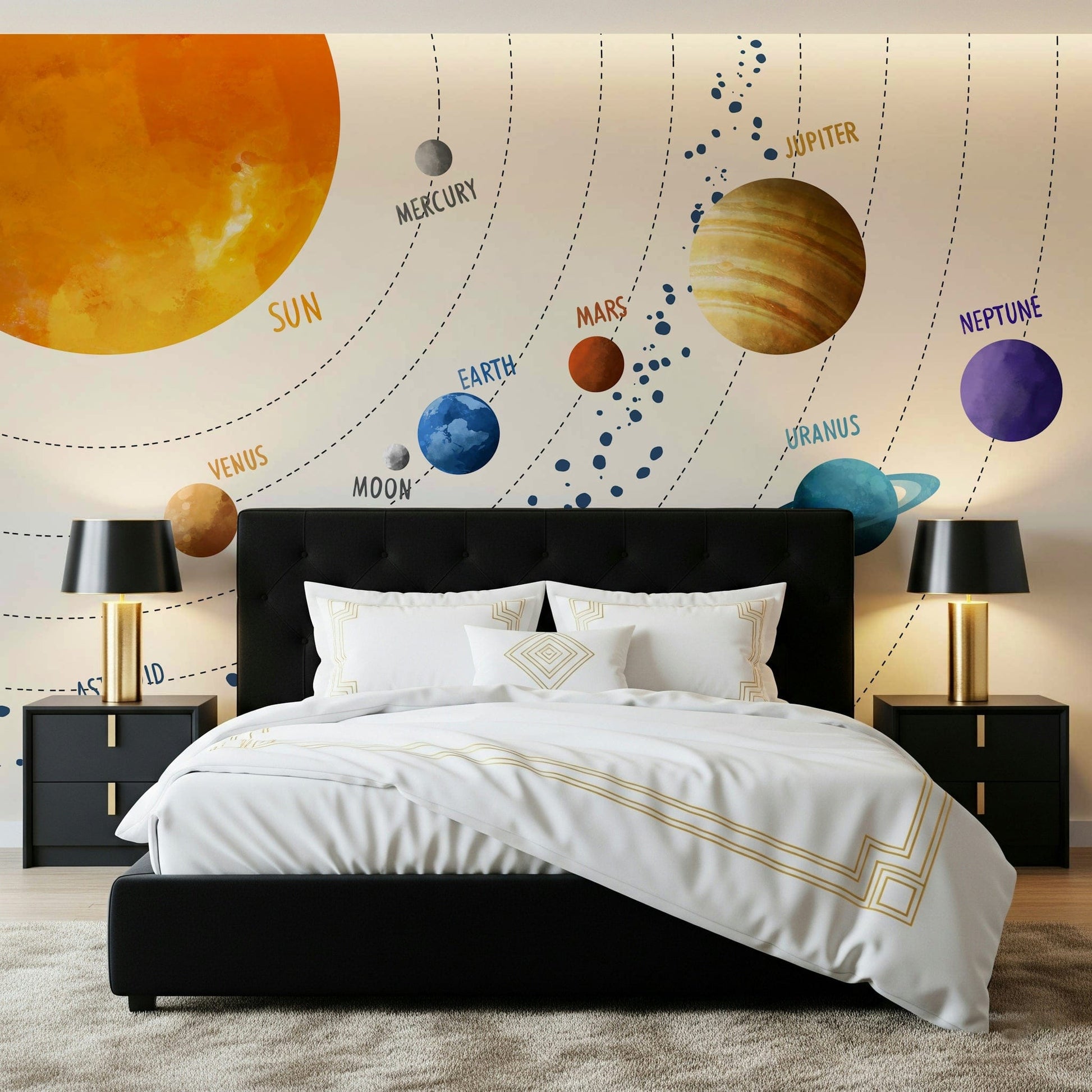 Solar System Art Wall Mural makes this bedroom feel playful with labeled planet views