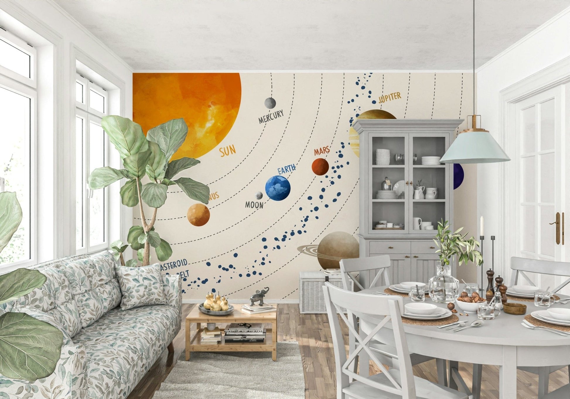 This dining corner feels more engaging with Solar System Art Wall Mural on the wall