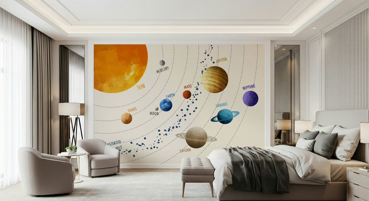 Solar System Art Wall Mural brings playful planet detail into this soft modern bedroom