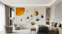 Solar System Art Wall Mural brings playful planet detail into this soft modern bedroom