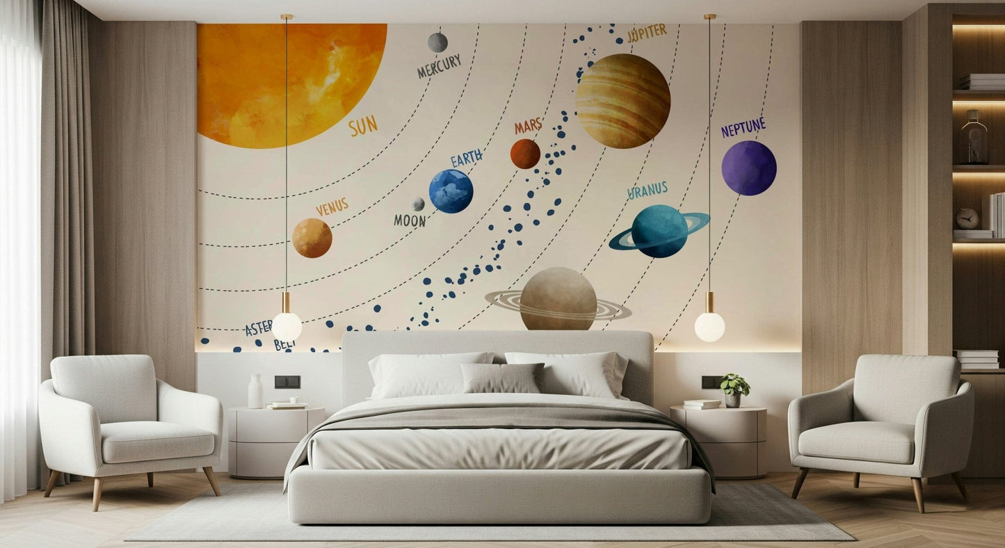 A calm sleep space feels more imaginative with Solar System Art Wall Mural overhead
