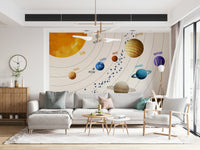 A bright open lounge gains colorful learning charm from Solar System Art Wall Mural