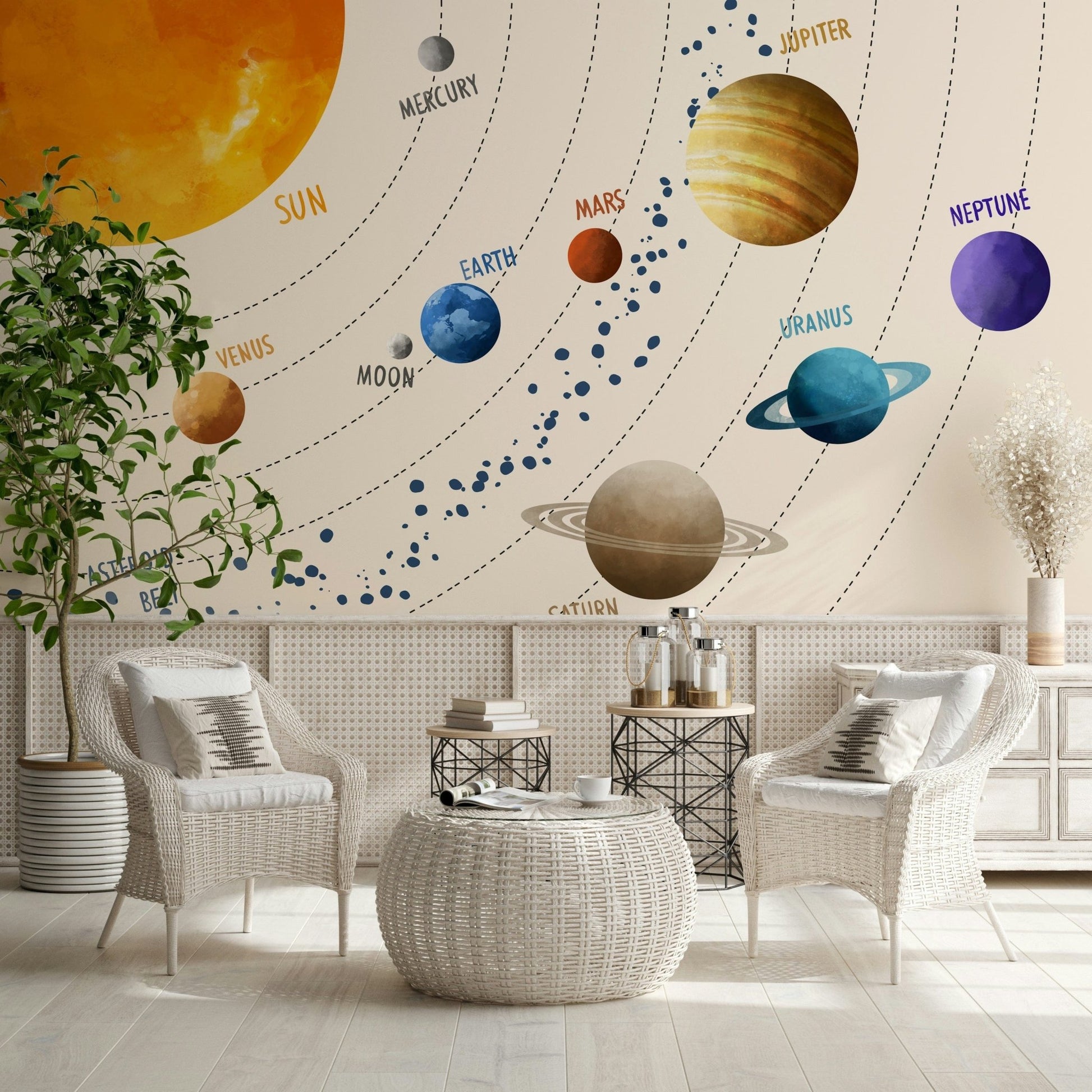 In this sunlit sitting area, Solar System Art Wall Mural creates a lively space theme