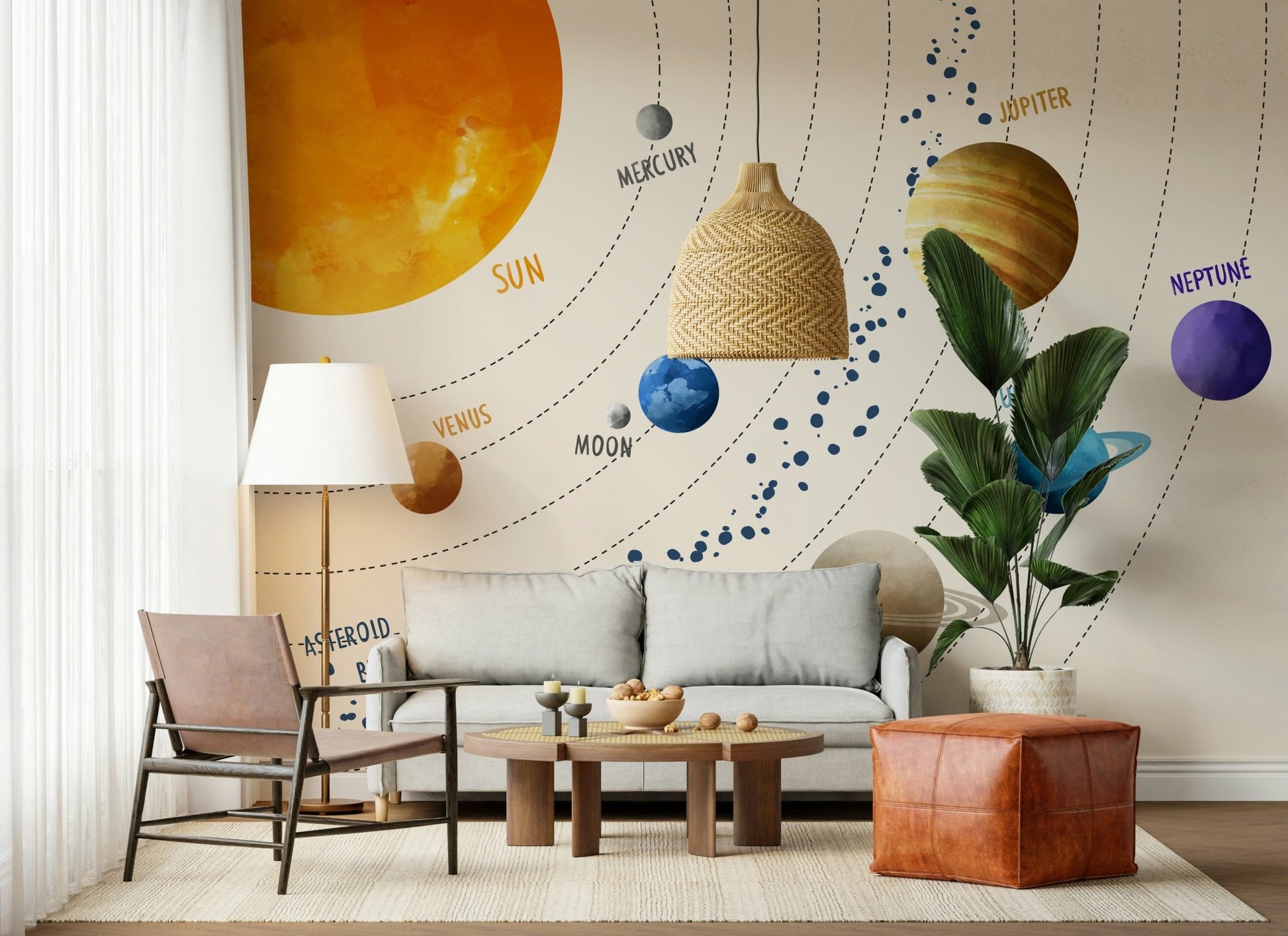 Beside the window seating, Solar System Art Wall Mural adds a curious cosmic touch