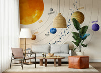 Beside the window seating, Solar System Art Wall Mural adds a curious cosmic touch