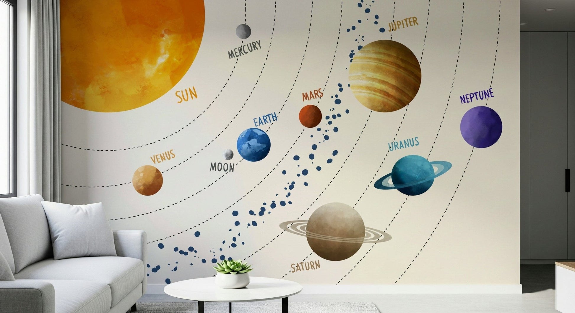 Framed behind the sofa, Solar System Art Wall Mural turns the room into a space-themed focal point