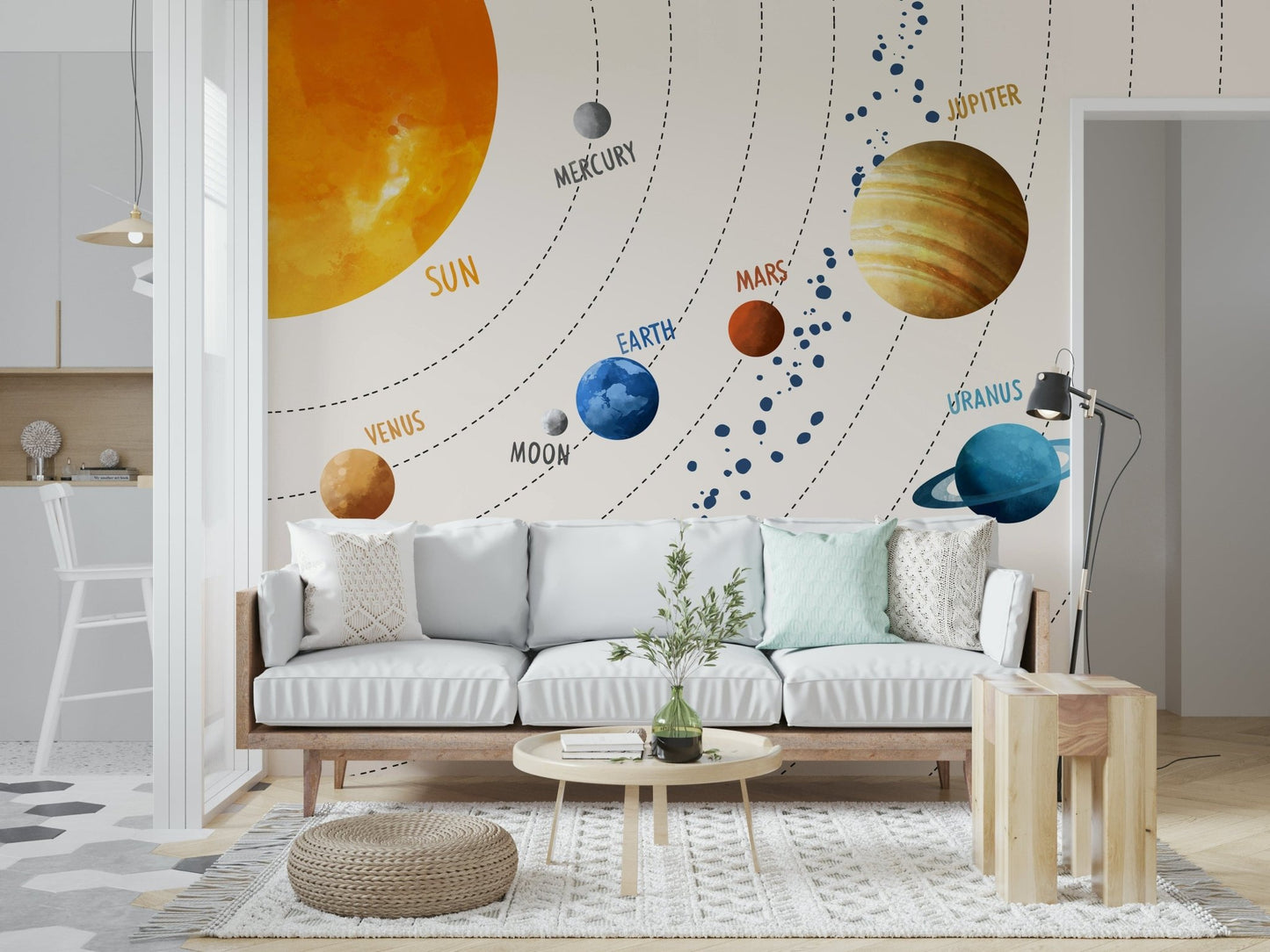 Solar System Art Wall Mural gives the family room a fun astronomy-inspired backdrop