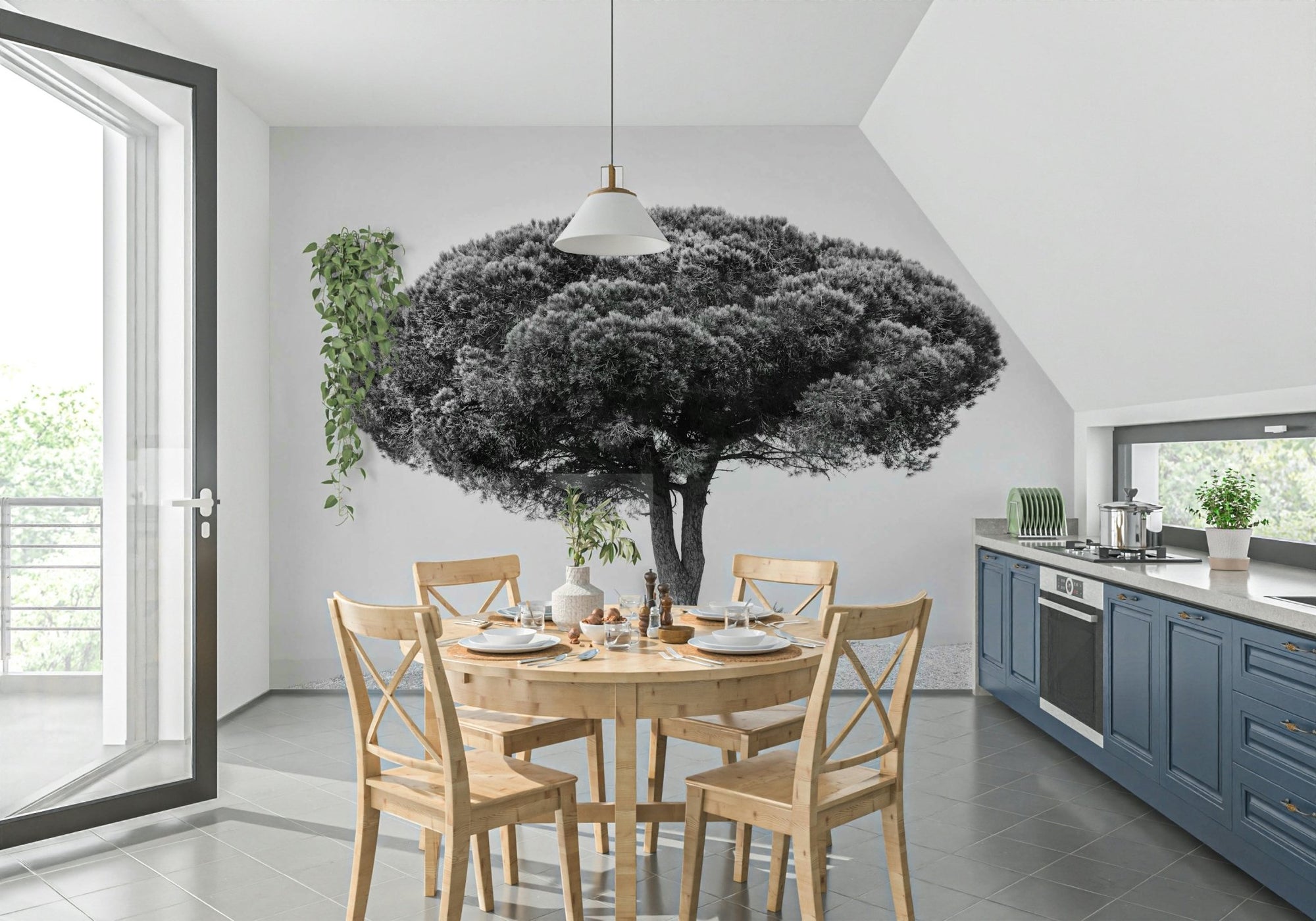 A beautiful solitary mountain wallpaper mural in a minimalist, serene style., GD5796