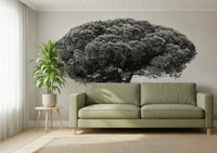 A graceful subtle mountain wall mural in cool, neutral tones.