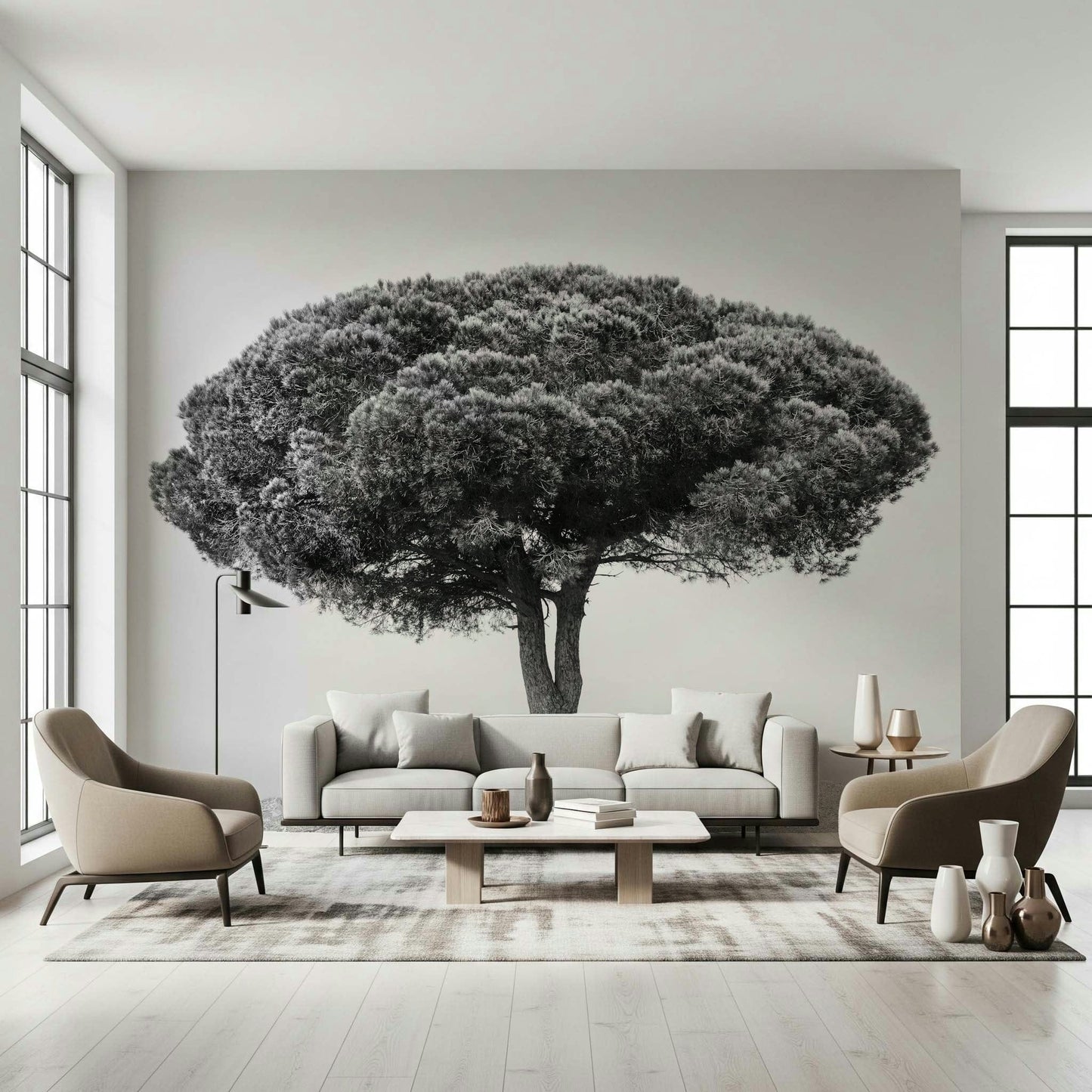 A peaceful open country mural on decorative wallpaper.