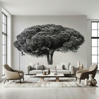 A peaceful open country mural on decorative wallpaper.