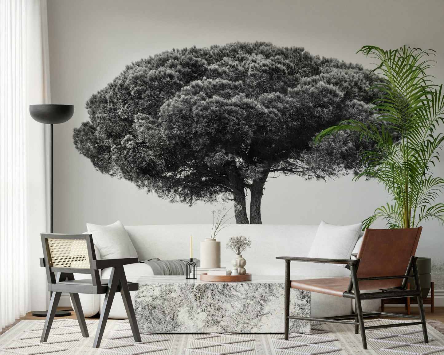 A calming serene mountain wallpaper mural that defines a space.