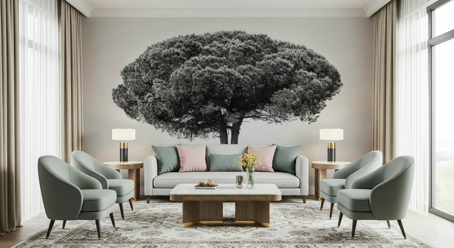 An artistic scenic landscape mural on minimalist wallpaper.