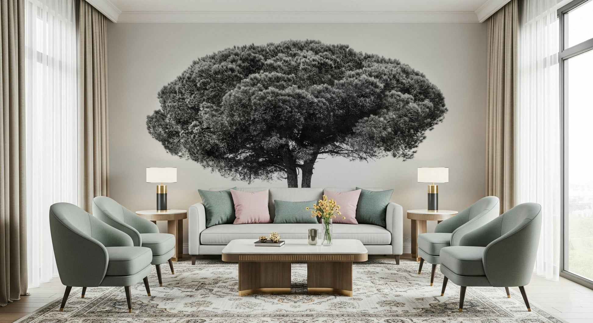An artistic scenic landscape mural on minimalist wallpaper.