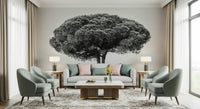 An artistic scenic landscape mural on minimalist wallpaper.