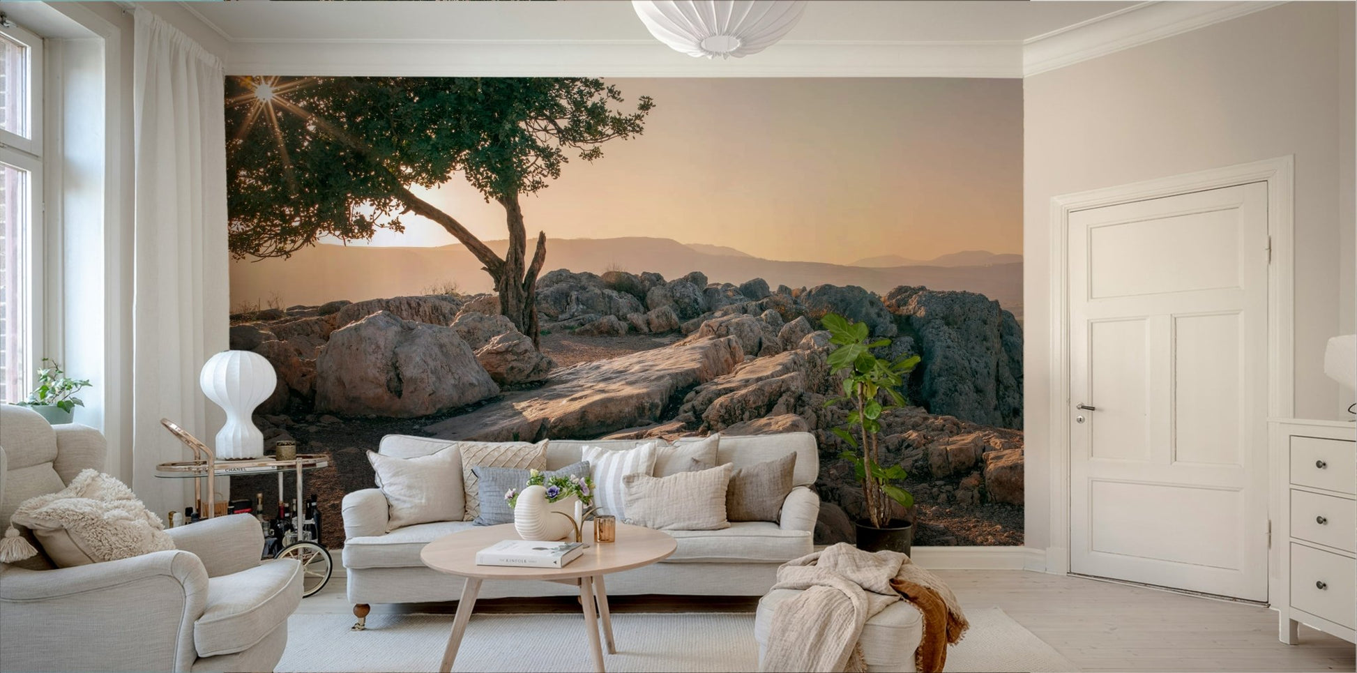 Elegant dusk wall mural with a solitary tree design.

